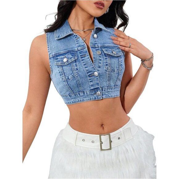 Women's Denim Vest Sleeveless Collared Crop Tank Top Casual Summer